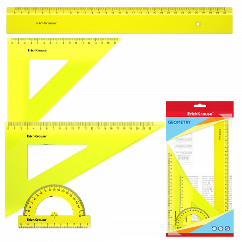 Набор геометрический большой ErichKrause® Neon (линейка 30см, угольники 16см/45° и 22см/60°, транспортир 180°/10см), желтый, в флоупаке