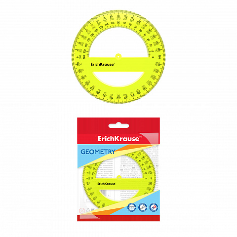 Транспортир пластиковый ErichKrause® Neon, 360°/12см, желтый, в флоупаке