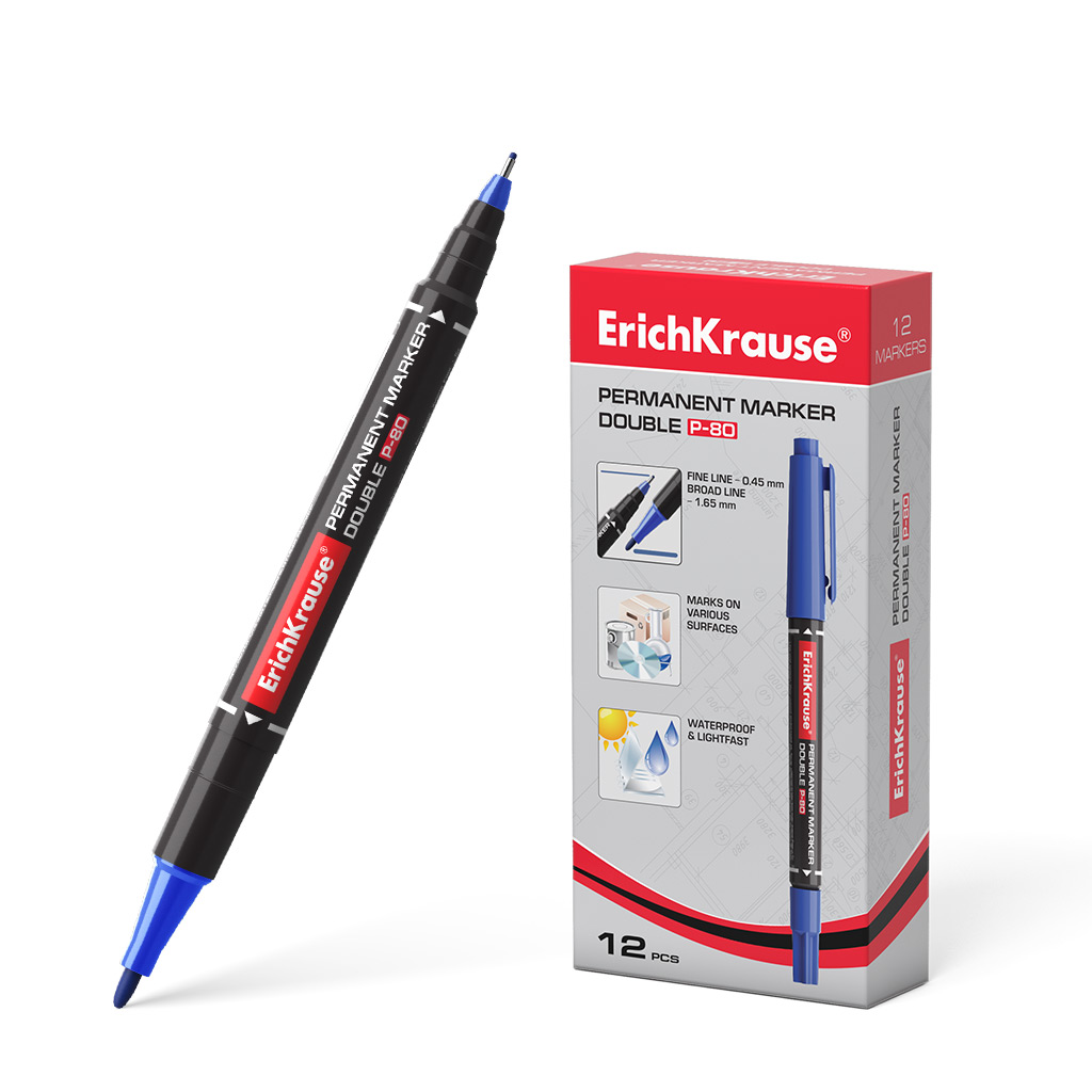 Двухсторонний перманентный маркер ErichKrause® Double P-80, цвет чернил синий