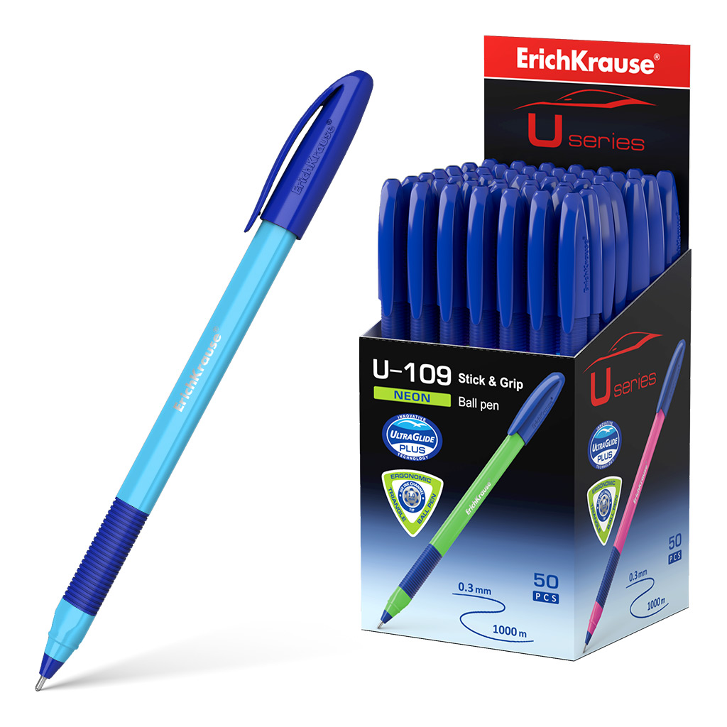 Ручка шариковая ErichKrause® U-109 Neon Stick&Grip 1.0, Ultra Glide Technology, цвет чернил синий (в коробке по 50 шт.)