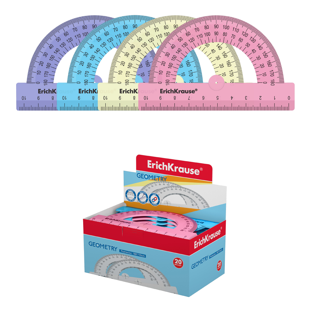 Транспортир пластиковый ErichKrause® Pastel, 180°/10см, ассорти из 4 цветов, в коробке-дисплее