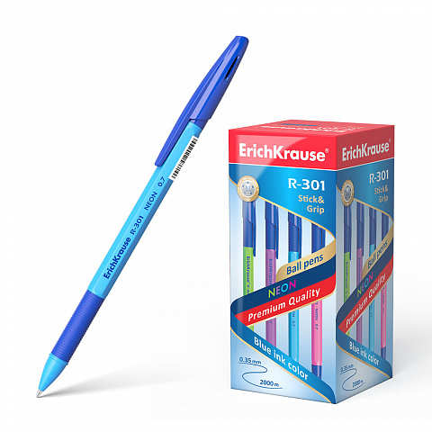 Ручка шариковая ErichKrause® R-301 Neon Stick&Grip 0.7, цвет чернил синий (в коробке по 50 шт.)